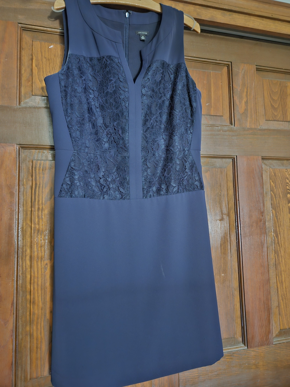 Ann Taylor Navy Lace-Panel Midi Sheath Dress